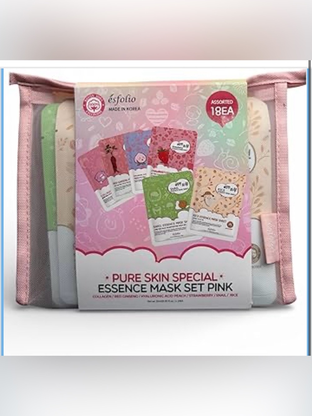 Esfolio Pure Skin Essence Mask Set 18pc - 6 diff kinds 3 masks each & Mesh bag
